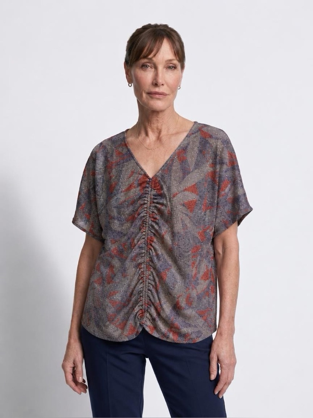 Ruched V-Neck Abstract Print Top in Rust and Gray be stage